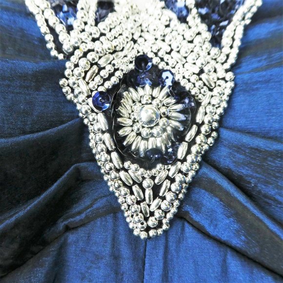 Vintage Cocktail Dress Cobalt Taffeta Ruched Bling Beaded Sequin Halter 4 USA - Picture 6 of 9